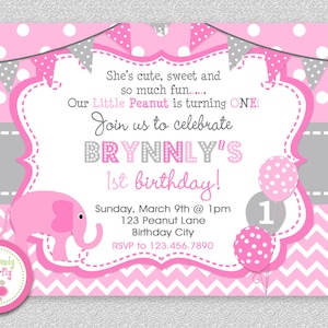 Elephant Birthday Invitation, Elephant 1st Birthday Party, Pink Elephant Invitation, Girls Elephant Invitation, Elephant 1st Birthday image 3