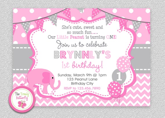 Pink and Grey 1st Birthday Elephant Birthday Invitation , Elephant Birthday Invitation, Elephant Birthday Party Invitation, Elephant Party Il_570xn