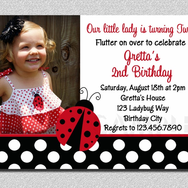 Ladybug Birthday 1st birthday Invitation,  Ladybug Birthday Party Invitation, Girl Photo Invitation, Ladybug Photo Invitation, Ladybug Party