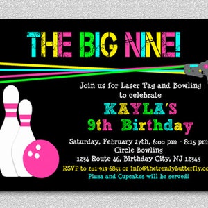 Laser Tag Bowling Birthday Invitation, Bowling Birthday Party, Invitation, Laser Tag,  Party, Printable Invitation, Printed Invitation