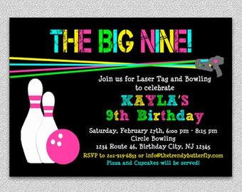 Laser Tag Bowling Birthday Invitation, Bowling Birthday Party, Invitation, Laser Tag,  Party, Printable Invitation, Printed Invitation