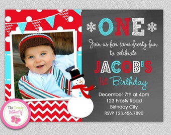 Snowman 1st Birthday Invitation, Winter Wonderland (Printable)