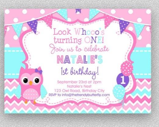 Pink Owl Birthday Invitation: Purple Turquoise Girl Party (Printed)