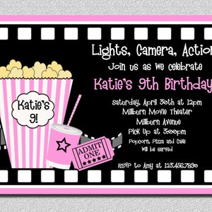 Filmgeburtstag Einladungen, Pinke Filmabend Geburtstagsparty Einladung, Mädchen Filmgeburtstag Einladung, Filmabend Geburtstag Einladung