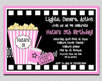 Pink Movie Birthday Invitations: Girls Movie Night Party
