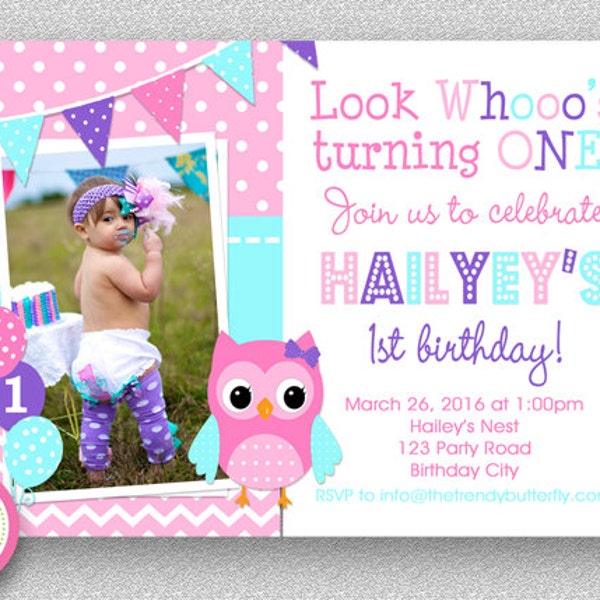 Girls Birthday Invitation , Girls 1st birthday Invitation , Pink Purple Turquoise Blue Owl Invitation , 2nd Birthday , Printed Invitations
