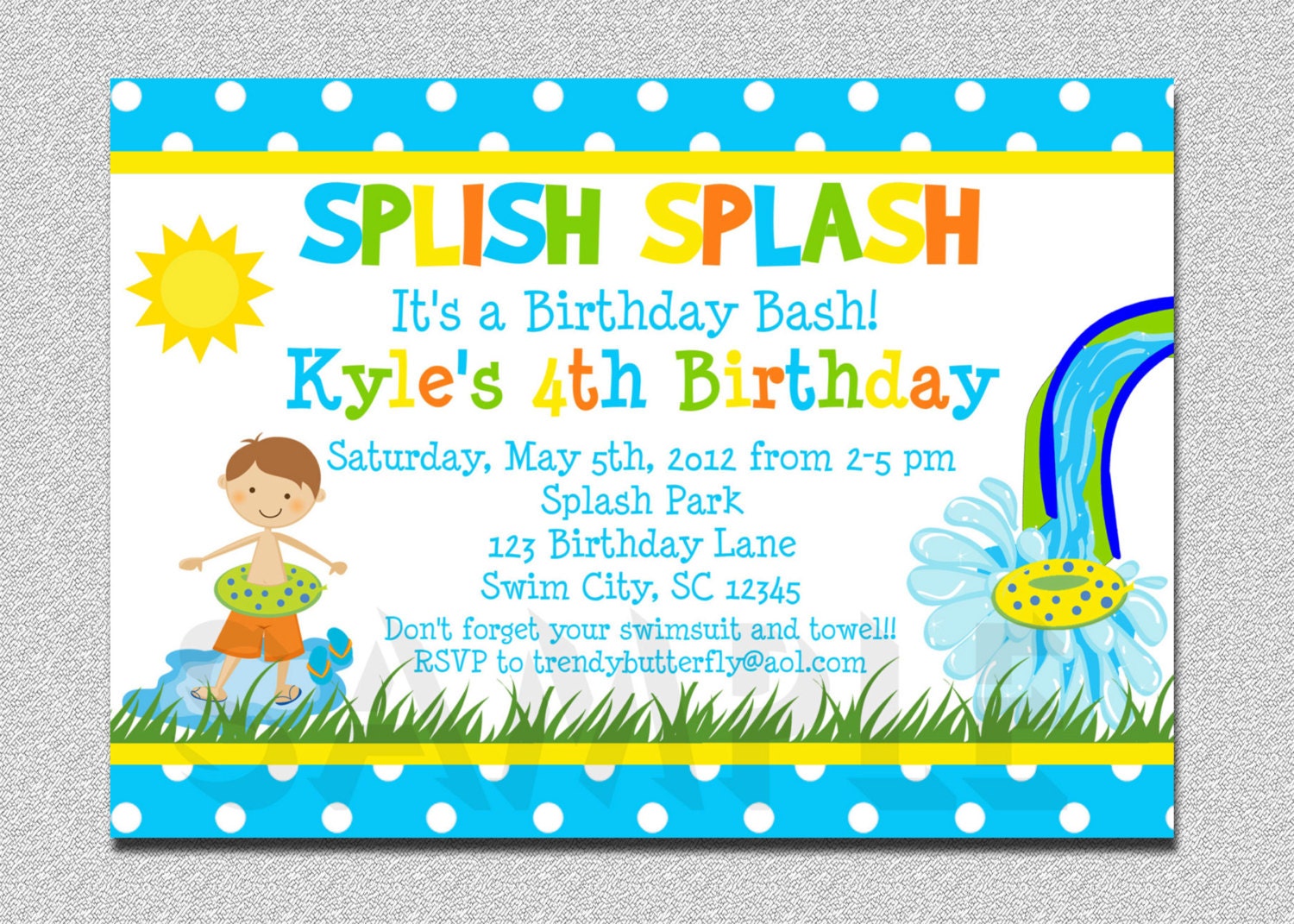 Boys Pool Waterslide Birthday Invitation ,  Waterslide Birthday Invitation Printable Boys or Girls