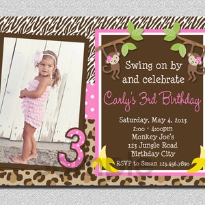 May include: A custom birthday invitation with a photo of a young girl in a pink dress. The invitation features a brown and pink animal print border, monkey illustrations, and the text "Swing on by and celebrate Carly's 3rd Birthday."