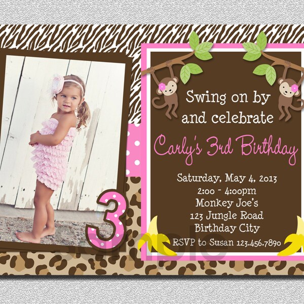 Monkey Birthday Invitation, Jungle Monkey Birthday Party, Jungle Birthday Invitation, Jungle Photo Invitation, Girls Jungle Invitation