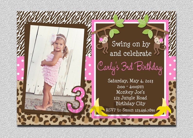 Monkey Birthday Invitation, Jungle Monkey Birthday Party, Jungle Birthday Invitation, Jungle Photo Invitation, Girls Jungle Invitation image 1