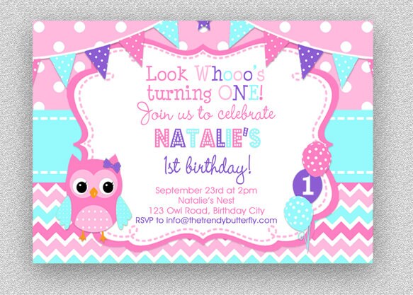 Pink Owl Birthday Invitation: Purple Turquoise Girl Party (Printed)