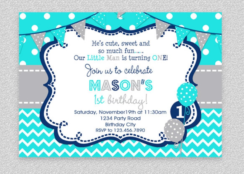Boys Birthday Invitation Boys Party Invitation Turquoise Etsy