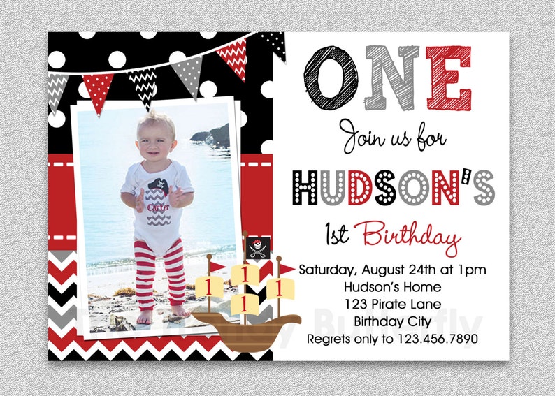 Pirate Birthday Invitation , Boys Pirate Birthday Invitation , Pirate Birthday Party Invitation, 1st Birthday Invitation, Pirate Party image 1