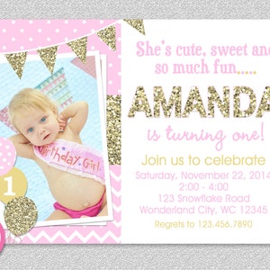 Pink and Gold invitation, 1st Birthday Invitation, Girl Birthday Invitation, Gold Glitter Invitation , Printable invite, Kids birthday image 1