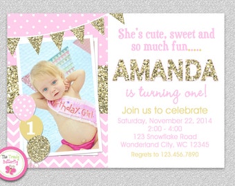 Pink and Gold invitation, 1st Birthday Invitation, Girl Birthday Invitation, Gold Glitter Invitation , Printable invite, Kids birthday