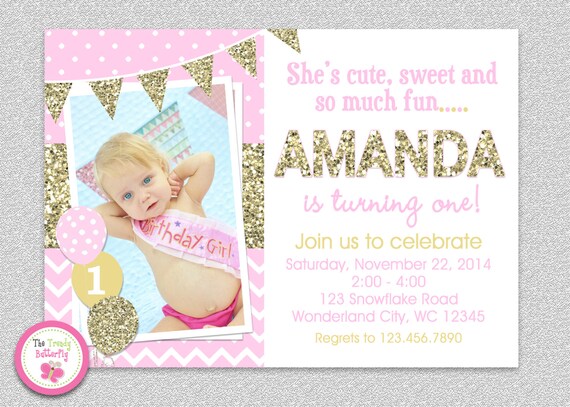 Pink and Gold invitation, 1st Birthday Invitation, Girl Birthday Invitation, Gold Glitter Invitation , Printable invite, Kids birthday Il_570xn