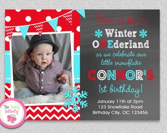 Winter Wonderland Invitation, Snowflake Invitation, Birthday Invitation, Photo Invitation, Chalkboard Invitation, Red and Teal, Snowflake