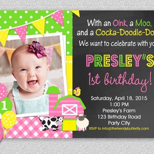 May include: A personalized birthday invitation featuring a smiling baby girl with a flower headband. The invitation has a farm theme with a pink and green color scheme, and includes the text "Presley's 1st birthday!"