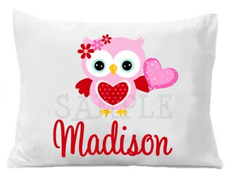 Valentines Owl Personalized Pillow Case Owl Personalized Pillow Case Boys or Girls