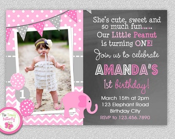 Elephant Chalkboard Birthday Invitation, 1st Birthday Invitation, Girls Elephant Birthday Invitation, Elephant Birthday Party Invitation