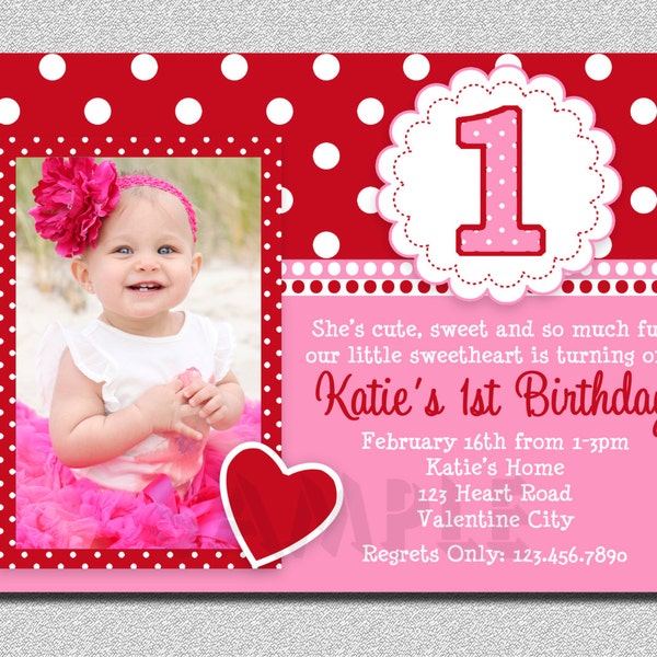 Valentine 1st Birthday Invitation, Pink Red Heart Party Invite (Printable)