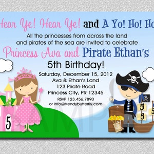 Princess Pirate Birthday Invitation  Princess and Pirate Party  Invitation Twins Siblings Printable