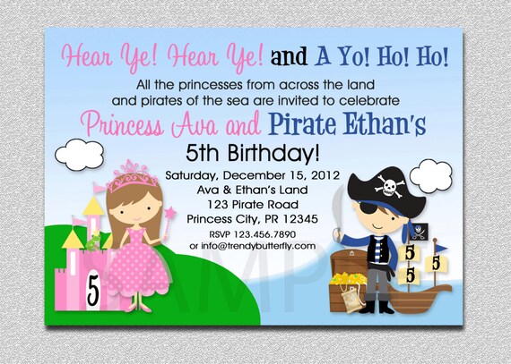 Princess Pirate Birthday Invitation Princess and Pirate Party Invitation Twins Siblings Printable Il_570xn