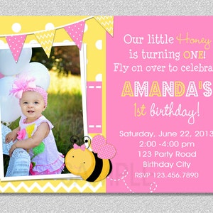 Pink Bumble Bee Birthday Invitation , Bumble Bee 1st Birthday Invitation Printable image 1