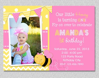 Pink Bumble Bee Birthday Invitation ,  Bumble Bee 1st Birthday Invitation Printable