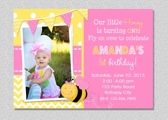 Pink Bumble Bee Birthday Invitation , Bumble Bee 1st Birthday Invitation Printable Il_570xn