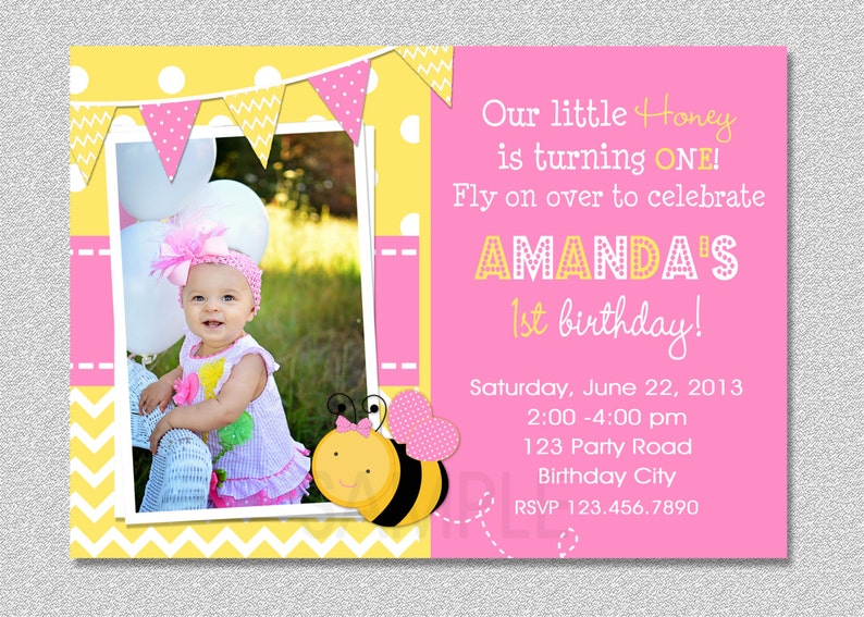 Pink Bumble Bee Birthday Invitation , Bumble Bee 1st Birthday Invitation Printable image 1