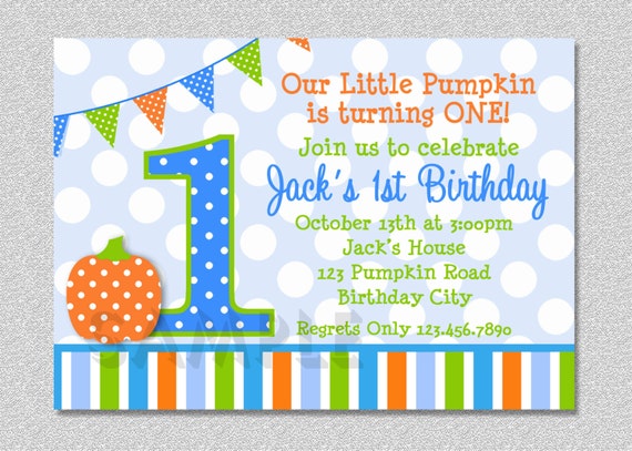 Pumpkin Birthday Invitation Fall 1st Birthday Party Invites Boys or Girls Il_570xn