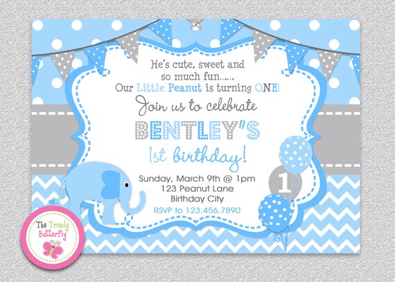 1st Birthday Elephant Invitation Elephant Birthday Invitation