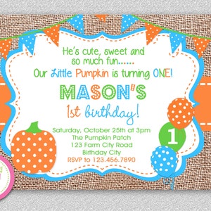 Fall Pumpkin 1st Birthday Invitation , Fall 1st Birthday Party Invitation, Burlap Birthday Invitation, Girls Burlap Birthday Invitation image 2