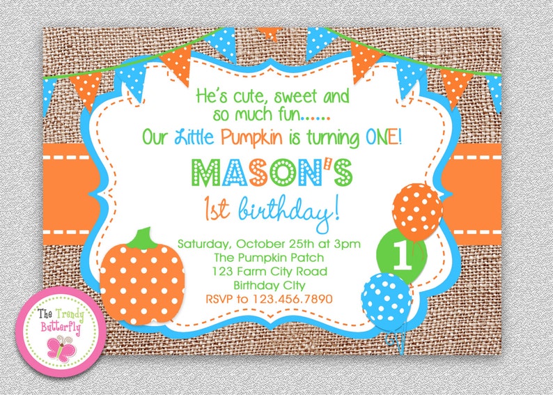 Fall Pumpkin 1st Birthday Invitation , Fall 1st Birthday Party Invitation, Burlap Birthday Invitation, Girls Burlap Birthday Invitation image 2