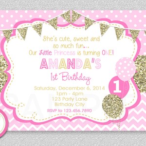 Pink and Gold invitation, 1st Birthday Invitation, Girl Birthday Invitation, Gold Glitter Invitation , Printable invite, Kids birthday image 3