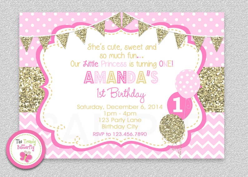 Pink and Gold invitation, 1st Birthday Invitation, Girl Birthday Invitation, Gold Glitter Invitation , Printable invite, Kids birthday image 3