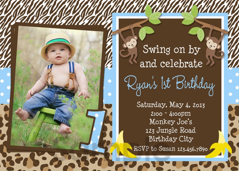 Monkey Birthday Invitation, Jungle Monkey Birthday Party, Jungle Birthday Invitation, Jungle Photo Invitation, Girls Jungle Invitation image 3