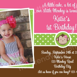 Birthday Invitation Mod Monkey Birthday Party Invitation Pink and Green Girls Invite image 2