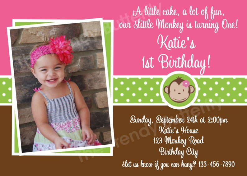 Birthday Invitation Mod Monkey Birthday Party Invitation Pink and Green Girls Invite image 2