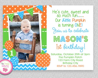 Blue Orange Pumpkin 1st Birthday Party Invitation