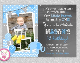 Boys Elephant 1st Birthday Invitation, Printable Party
