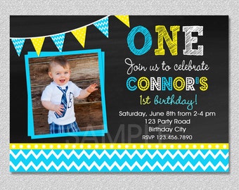 Chalkboard 1st Birthday Invitation: Chevron Boy Design (Printable)