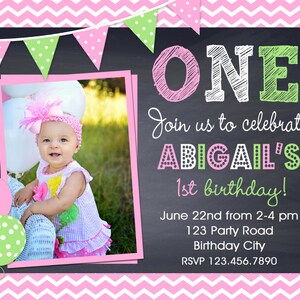 Chevron Birthday Invitation , Chalkboard Birthday Invitation , Pink Green Chalkboard Birthday Invitation, Girls Chevron Birthday Invitation image 2