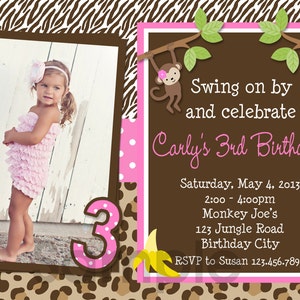 Monkey Birthday Invitation, Jungle Monkey Birthday Party, Jungle Birthday Invitation, Jungle Photo Invitation, Girls Jungle Invitation image 2