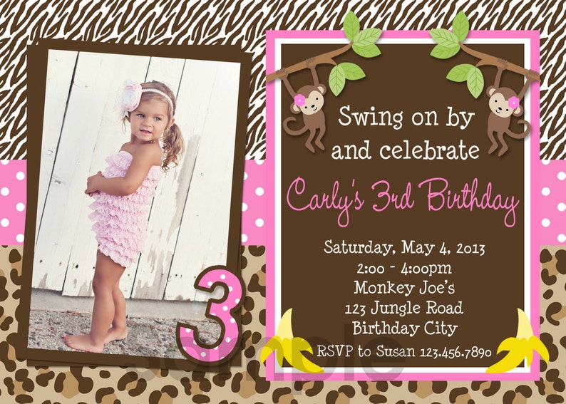 Monkey Birthday Invitation, Jungle Monkey Birthday Party, Jungle Birthday Invitation, Jungle Photo Invitation, Girls Jungle Invitation image 2