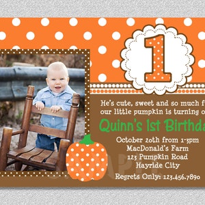 Fall Pumpkin Birthday Invitation, Pumpkin 1st Birthday Party Invites, Printable Boys or Girls image 1