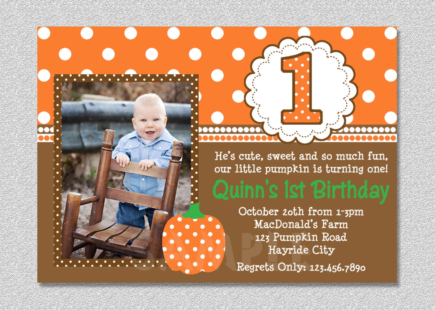 Pumpkin 1st Birthday Invitation, Fall Party, Photo (printable) - Etsy, image size:1500x1071