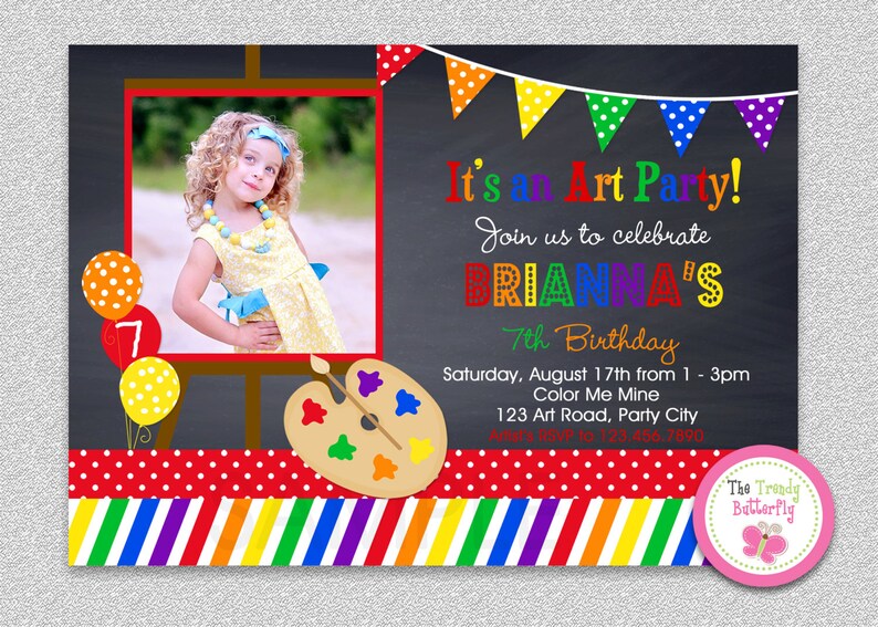 Art Birthday Party Invitations, Paint and Create Art Birthday Invitations, Kids Photo Birthday Invitations, Art Photo Invitation, Girls Art image 2