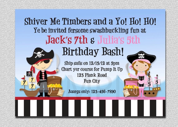 Pirate Birthday Invitation, Twins Pirate Birthday Party Invitation, Boy Girl Pirate Party, Pirate Birthday Party, Stripes Pirate Invitation Il_570xn